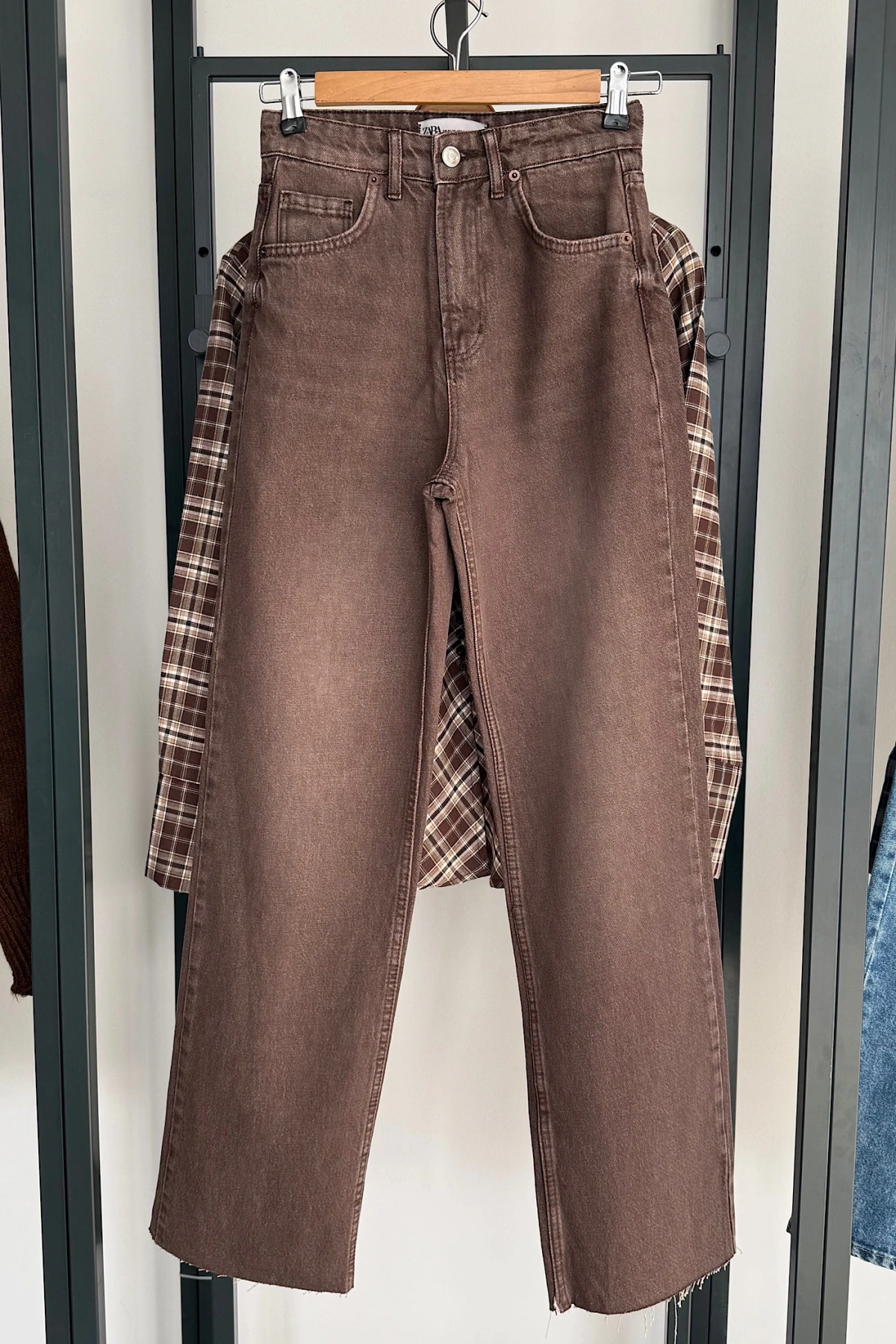 Straight Fit Vintage Görünümlü Kesik Paça Jean Kahverengi