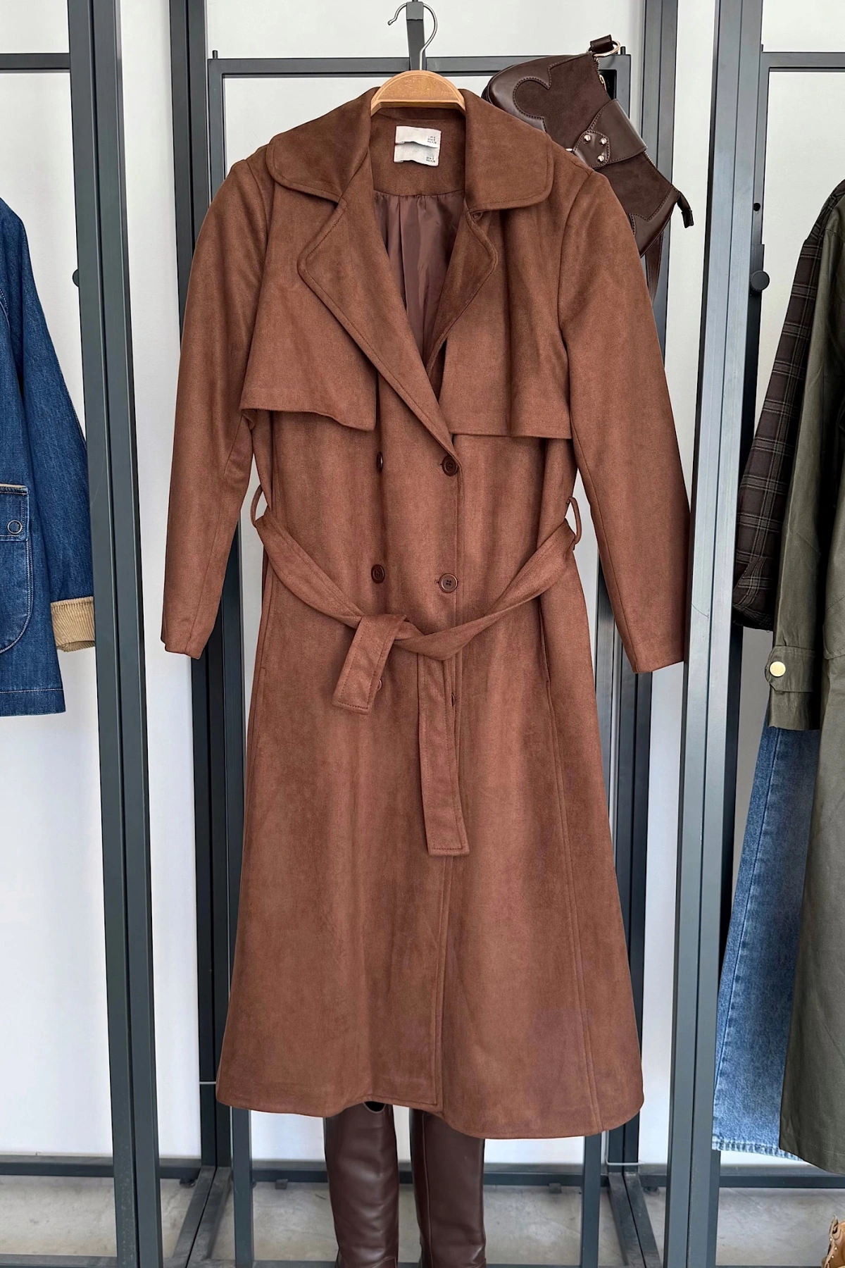 Süet Görünümlü Trench Coat Kahverengi