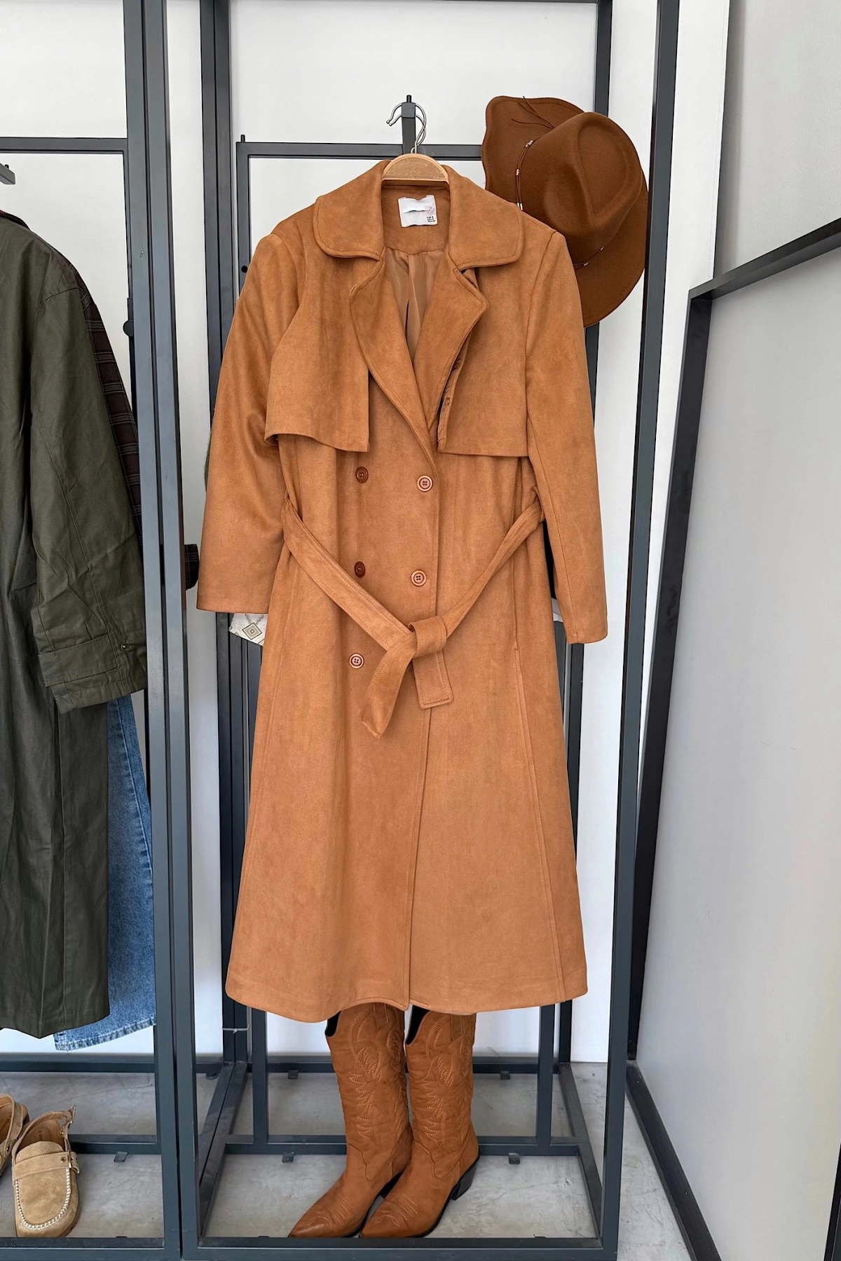 Süet Görünümlü Trench Coat Taba