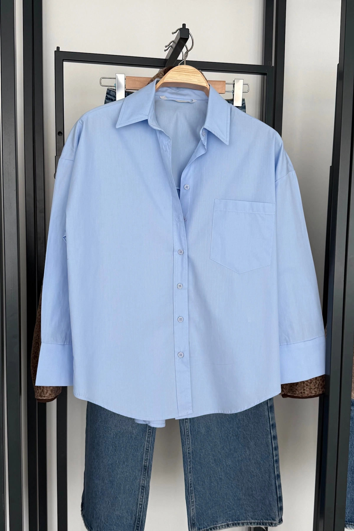 Tek Cep Oversize Poplin Gömlek Bebe Mavi