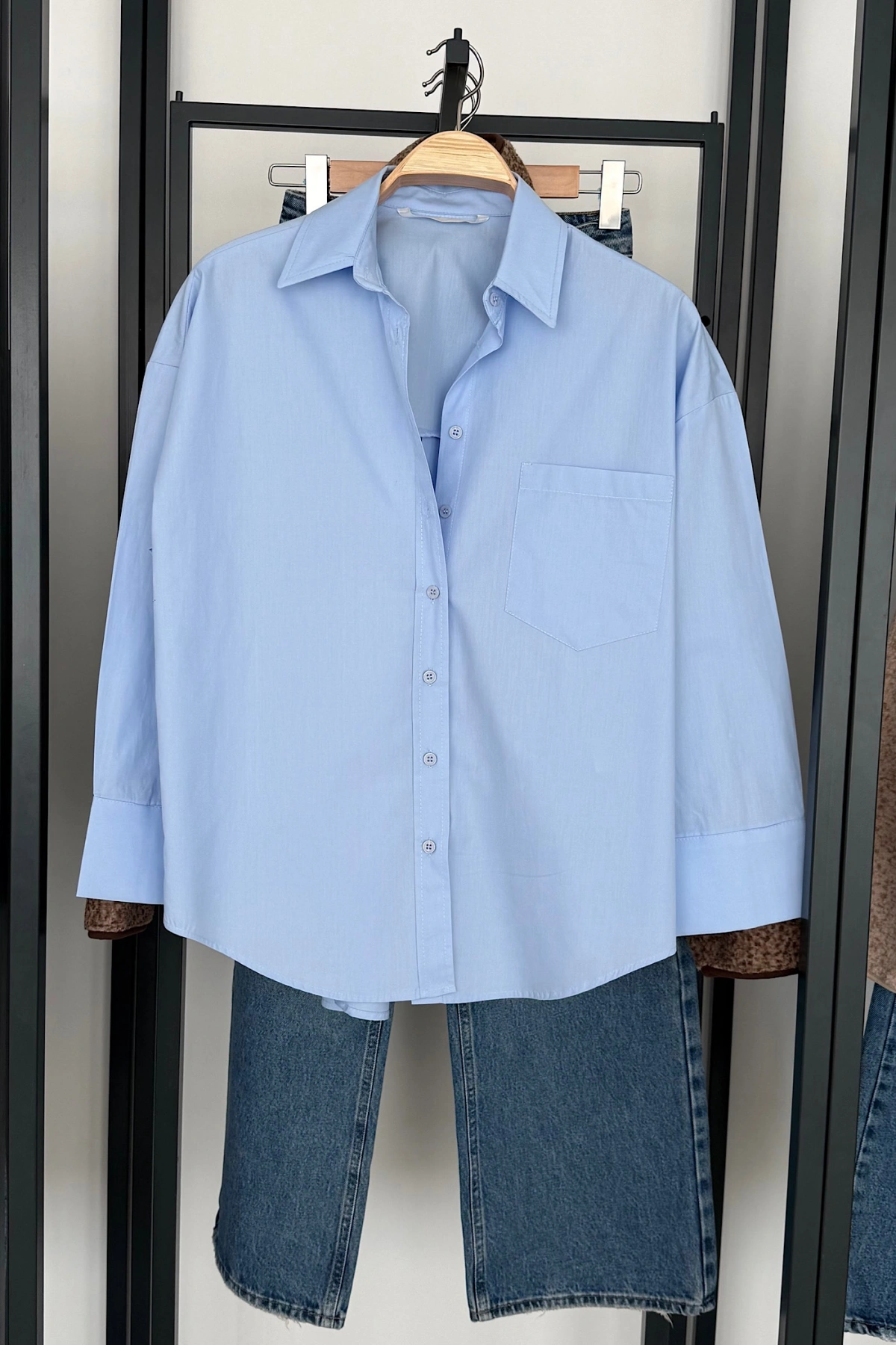 Tek Cep Oversize Poplin Gömlek Bebe Mavi