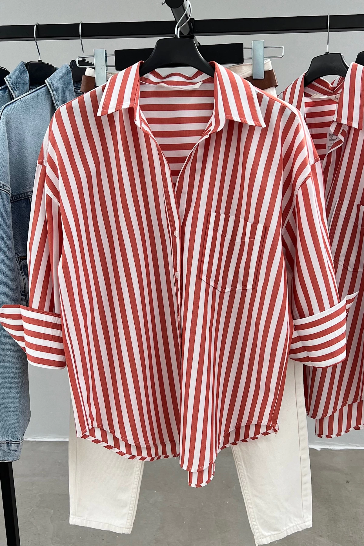 Tek Cepli Oversize Keten Gömlek Kırmızı