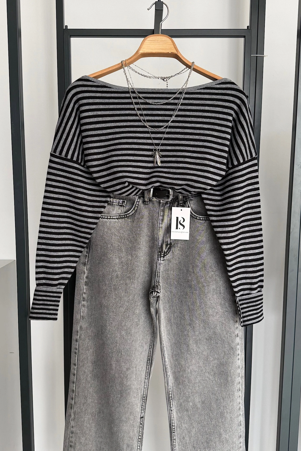 Tek Omzu Açık Çizgili Kazak Koyu Gri-Siyah