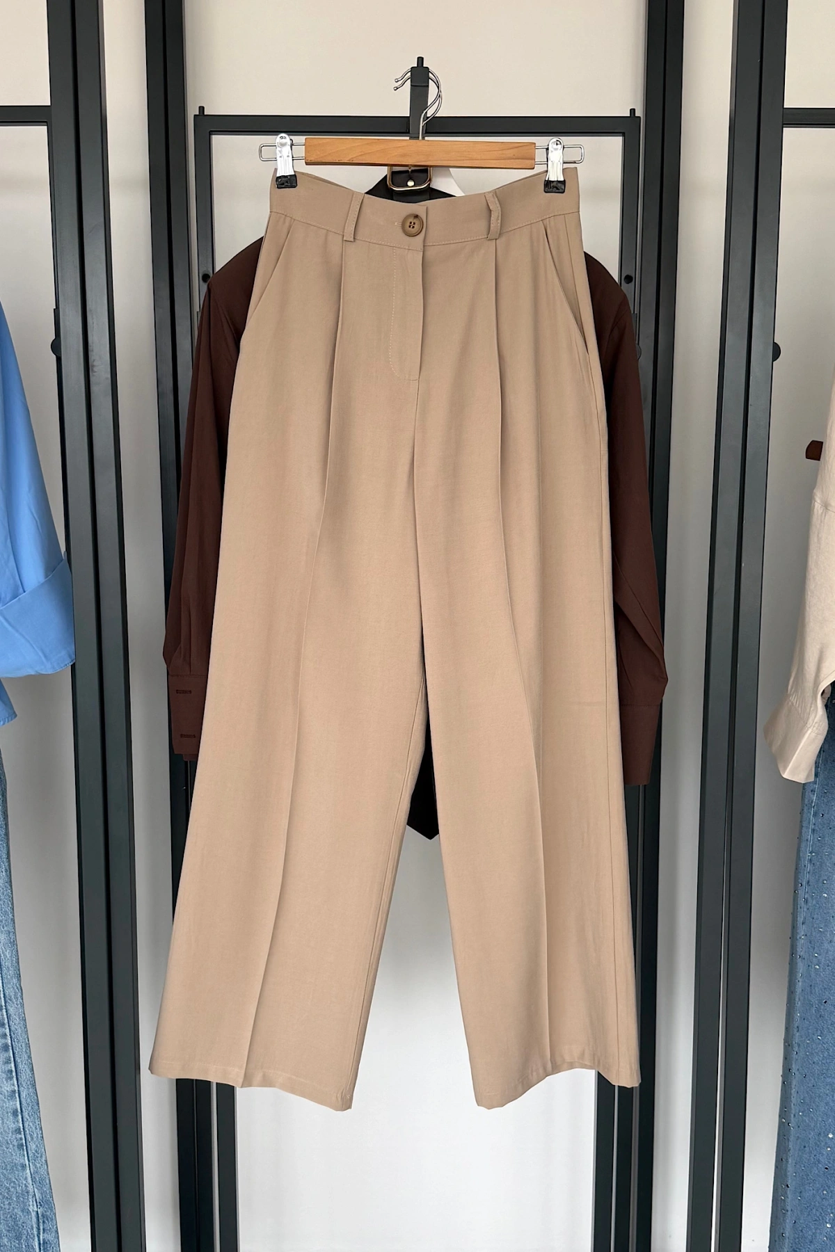 Tek Pile Palazzo Pantolon Bej