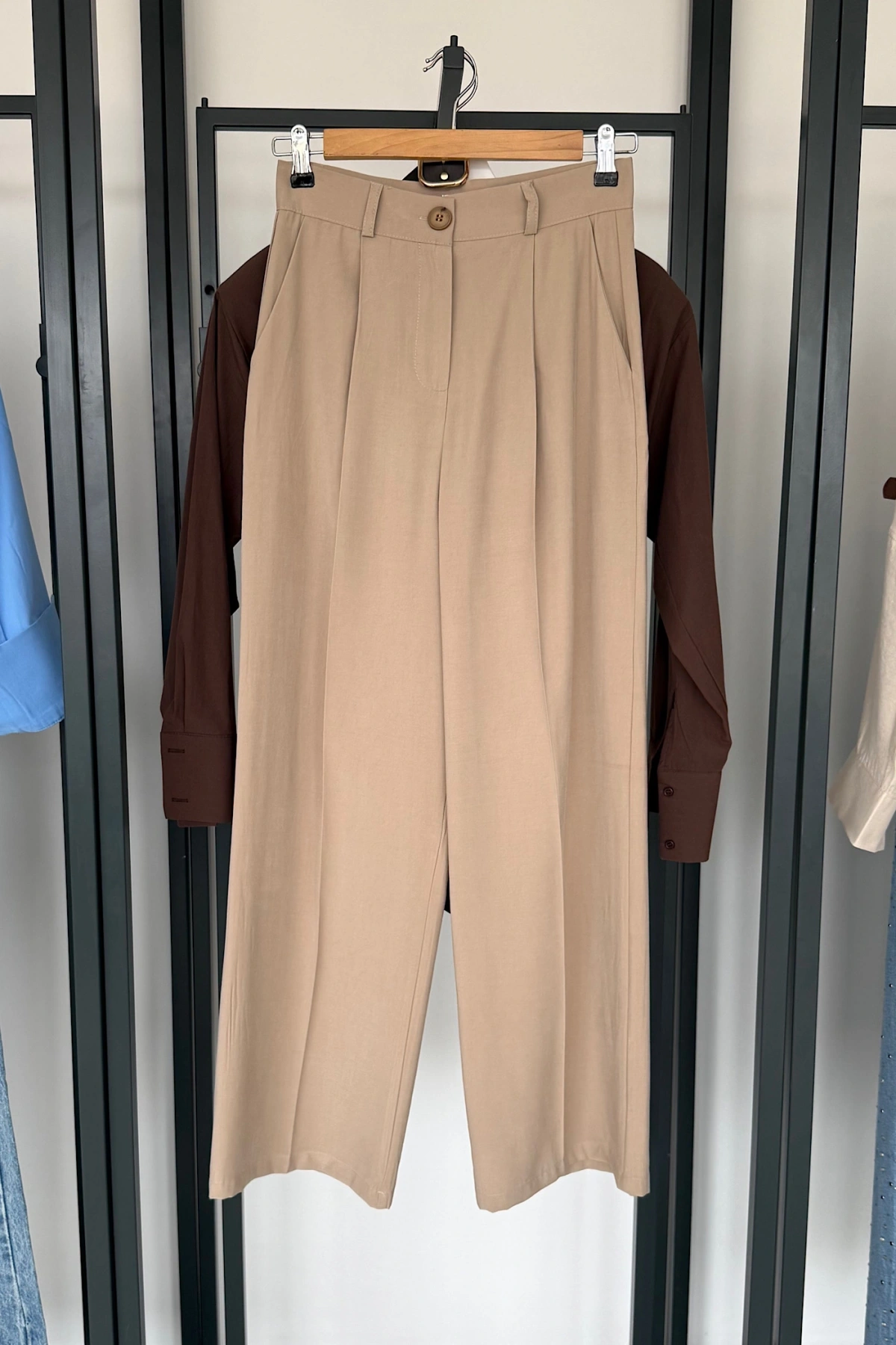 Tek Pile Palazzo Pantolon Bej