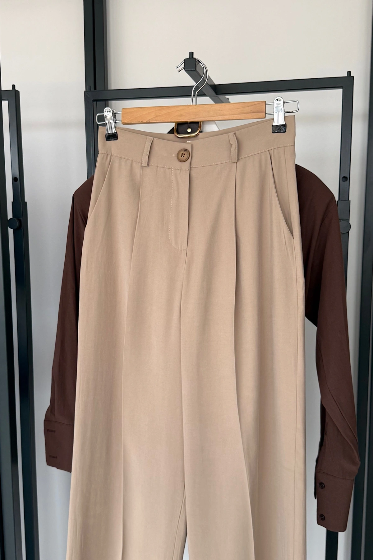 Tek Pile Palazzo Pantolon Bej