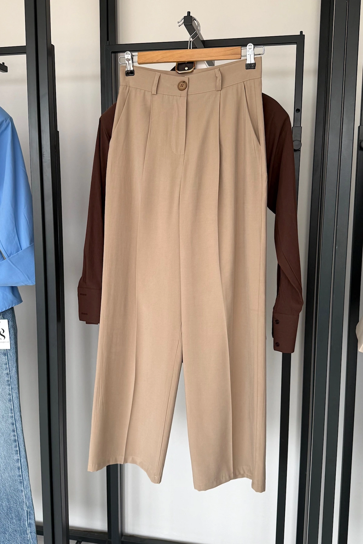 Tek Pile Palazzo Pantolon Bej