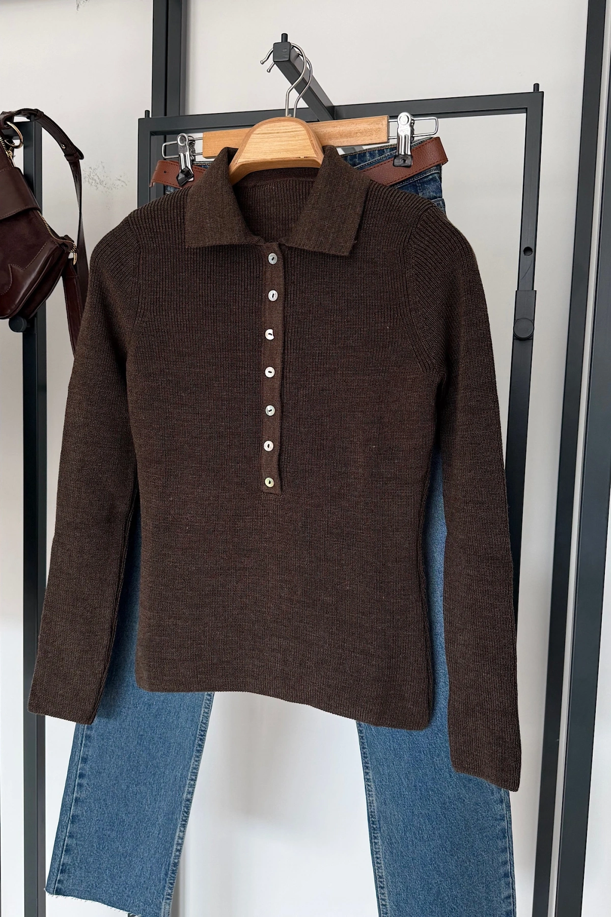 Uzun Kollu Polo Yaka Kazak Kahve Melanj