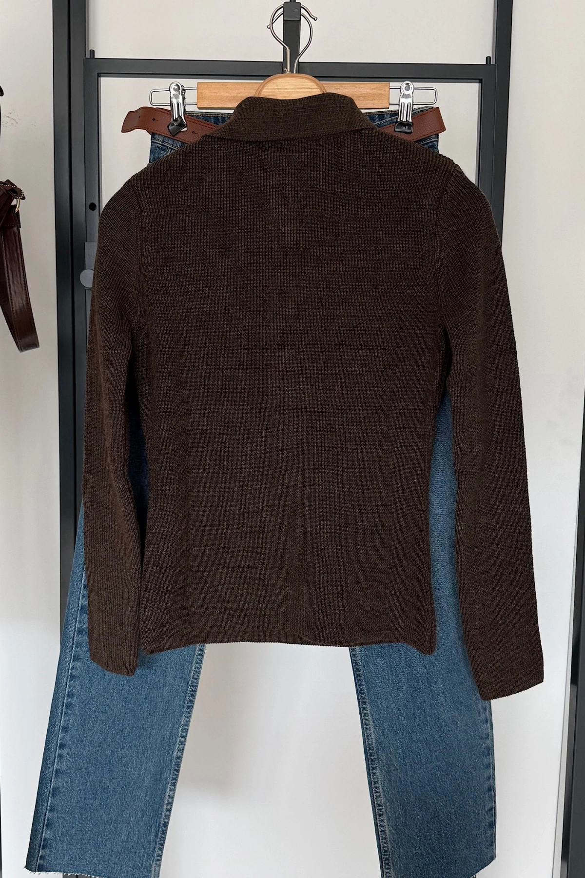 Uzun Kollu Polo Yaka Kazak Kahve Melanj