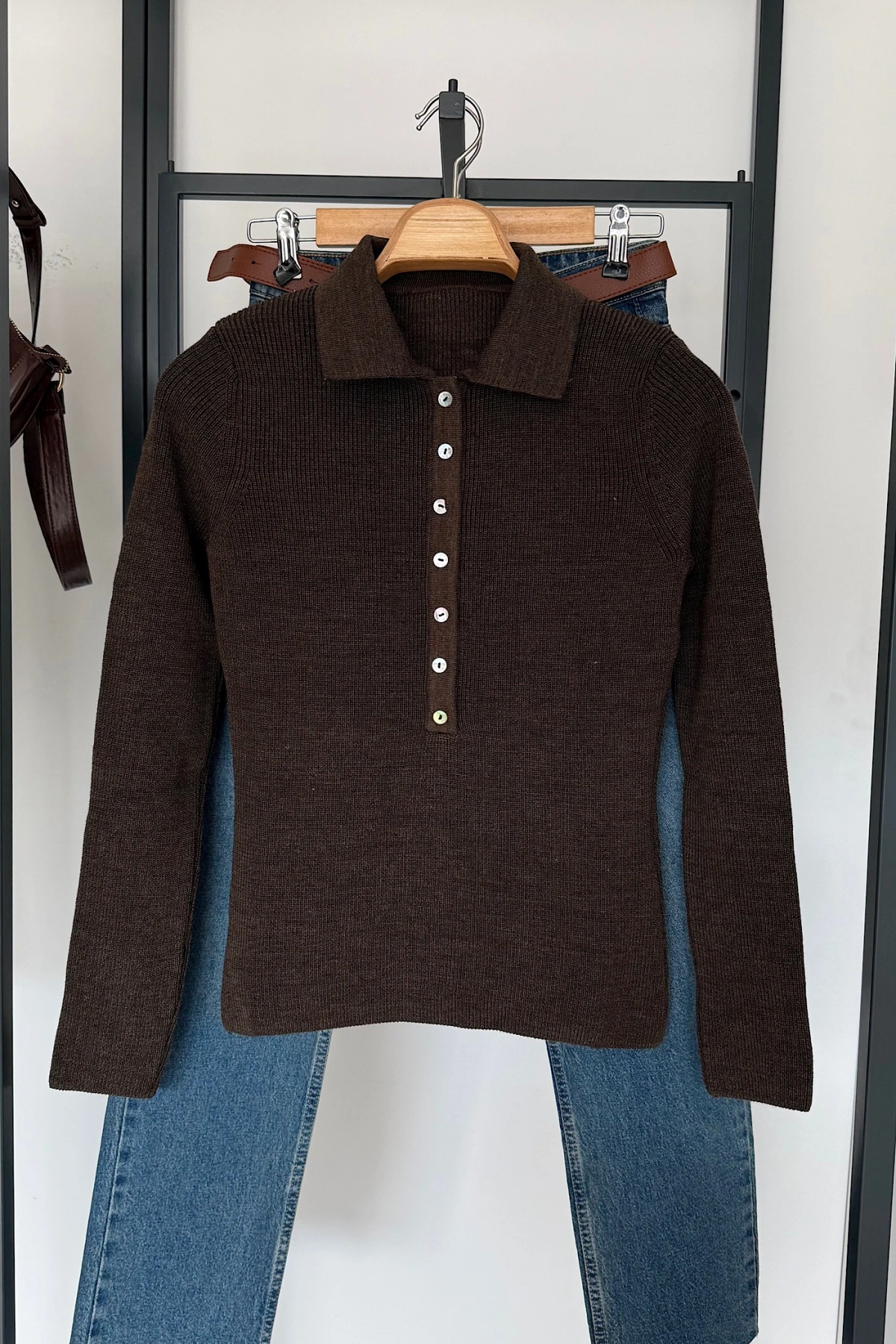 Uzun Kollu Polo Yaka Kazak Kahve Melanj