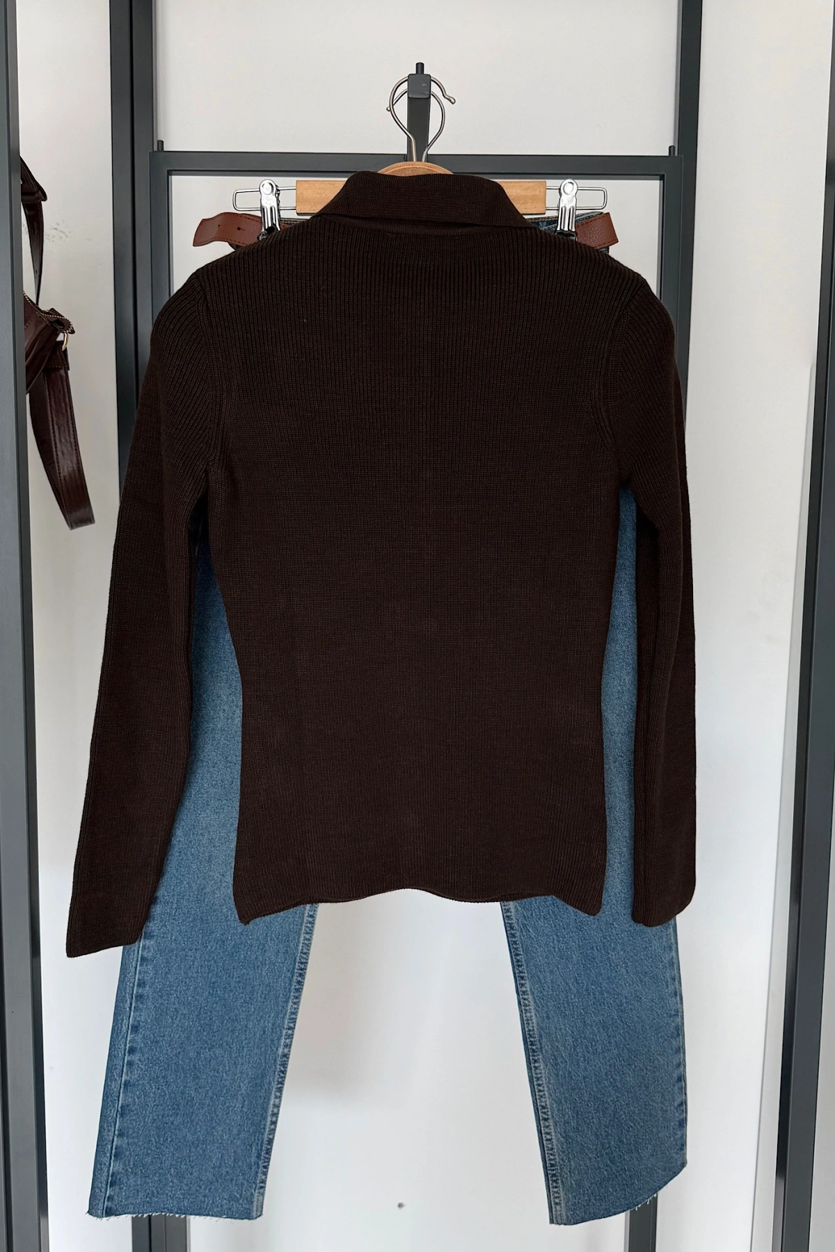 Uzun Kollu Polo Yaka Kazak Koyu Kahve