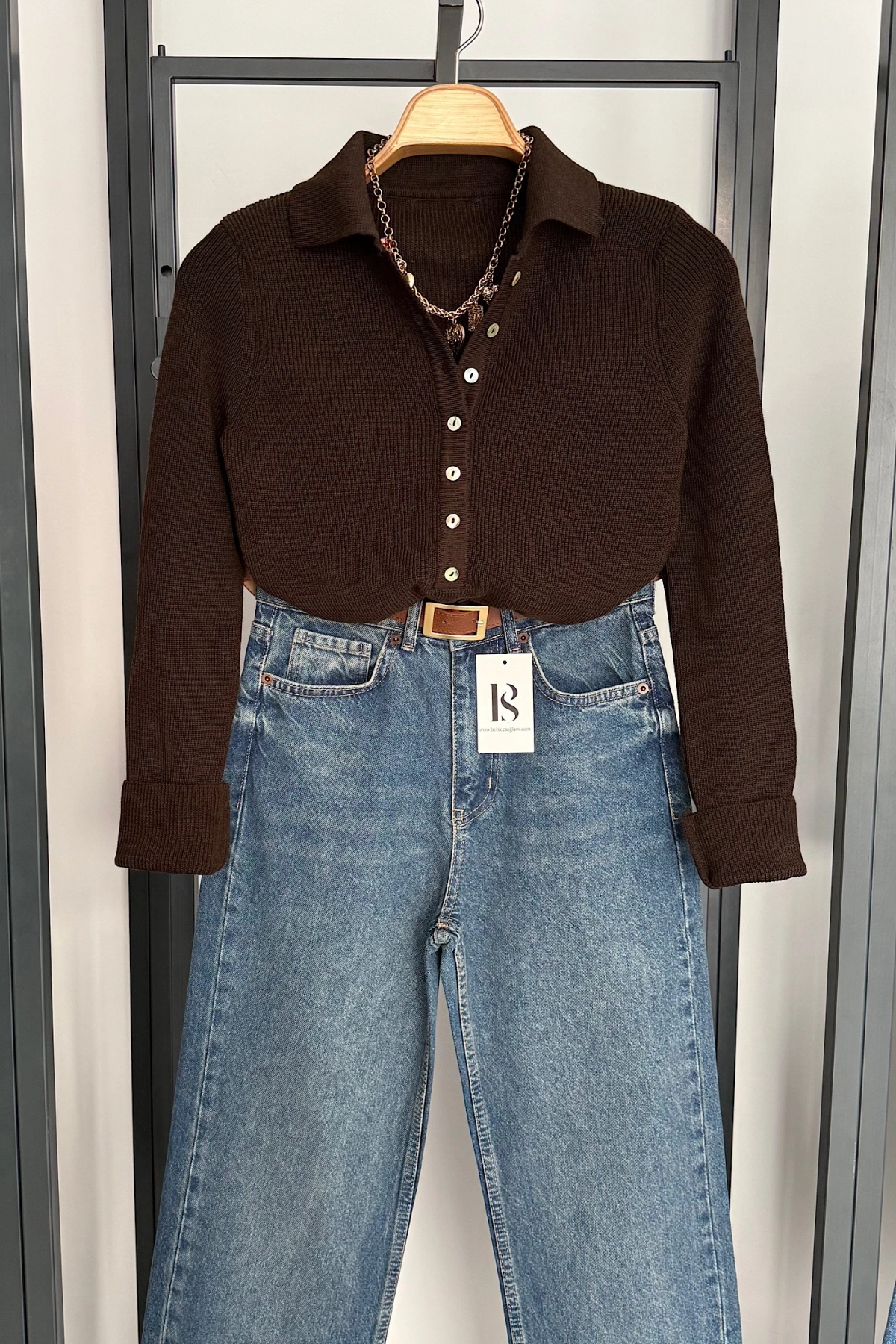 Uzun Kollu Polo Yaka Kazak Koyu Kahve