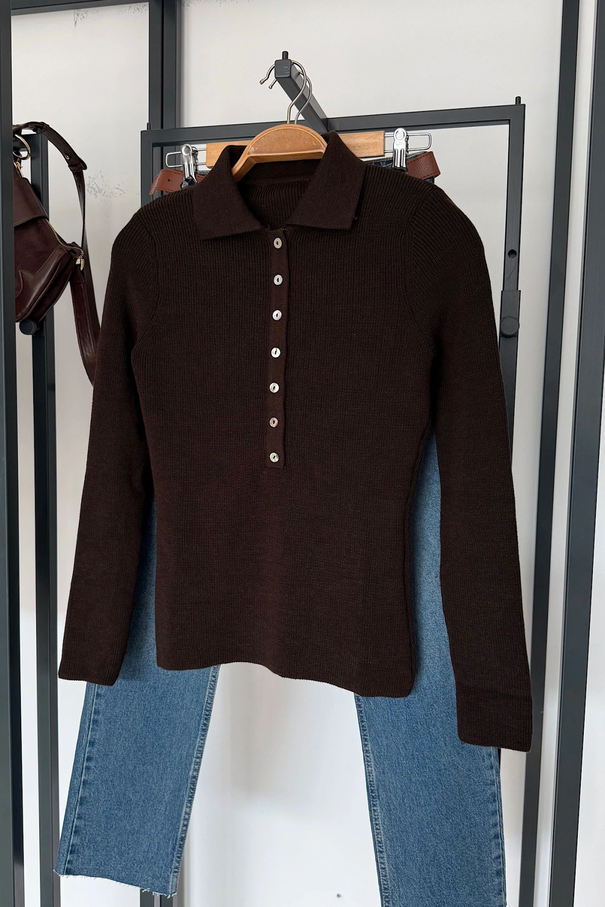 Uzun Kollu Polo Yaka Kazak Koyu Kahve