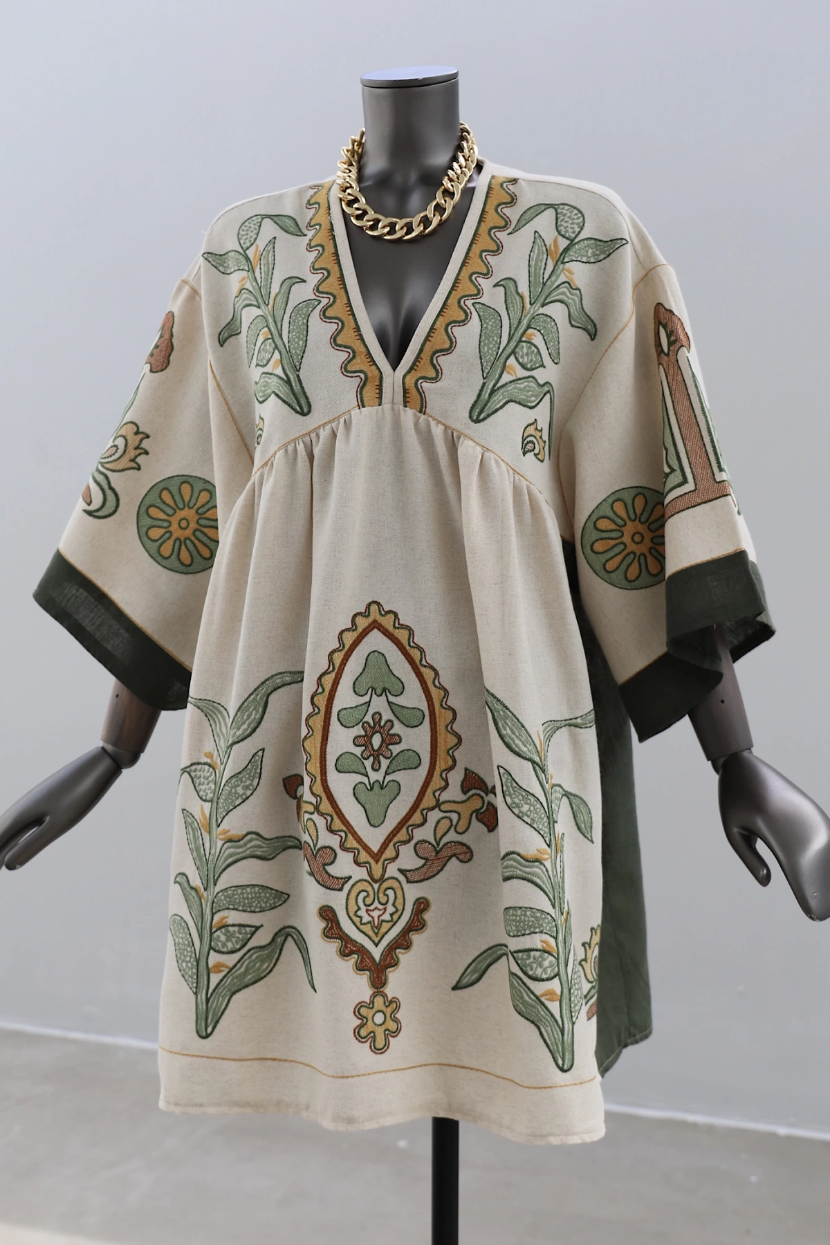 V Neck Embroidered Cream Dress