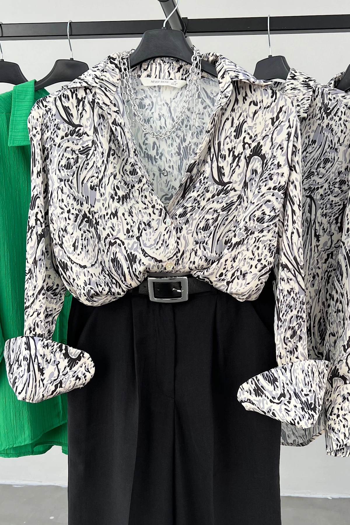 V-Neck Satin Patterned Shirt