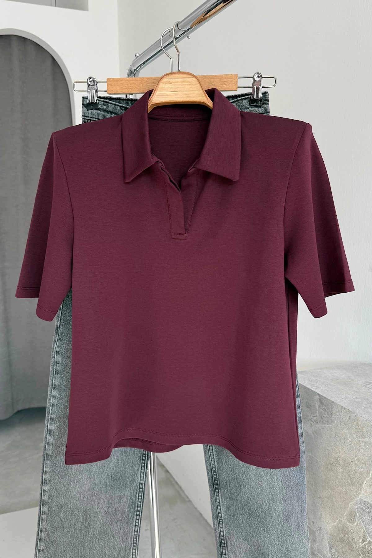 Vatkalı Polo Yaka T-Shirt Bordo