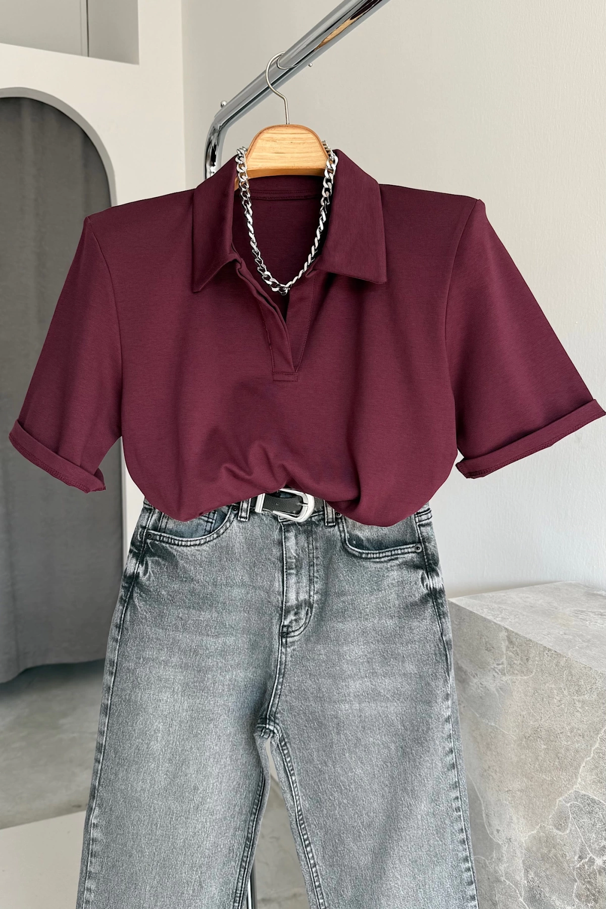 Vatkalı Polo Yaka T-Shirt Bordo