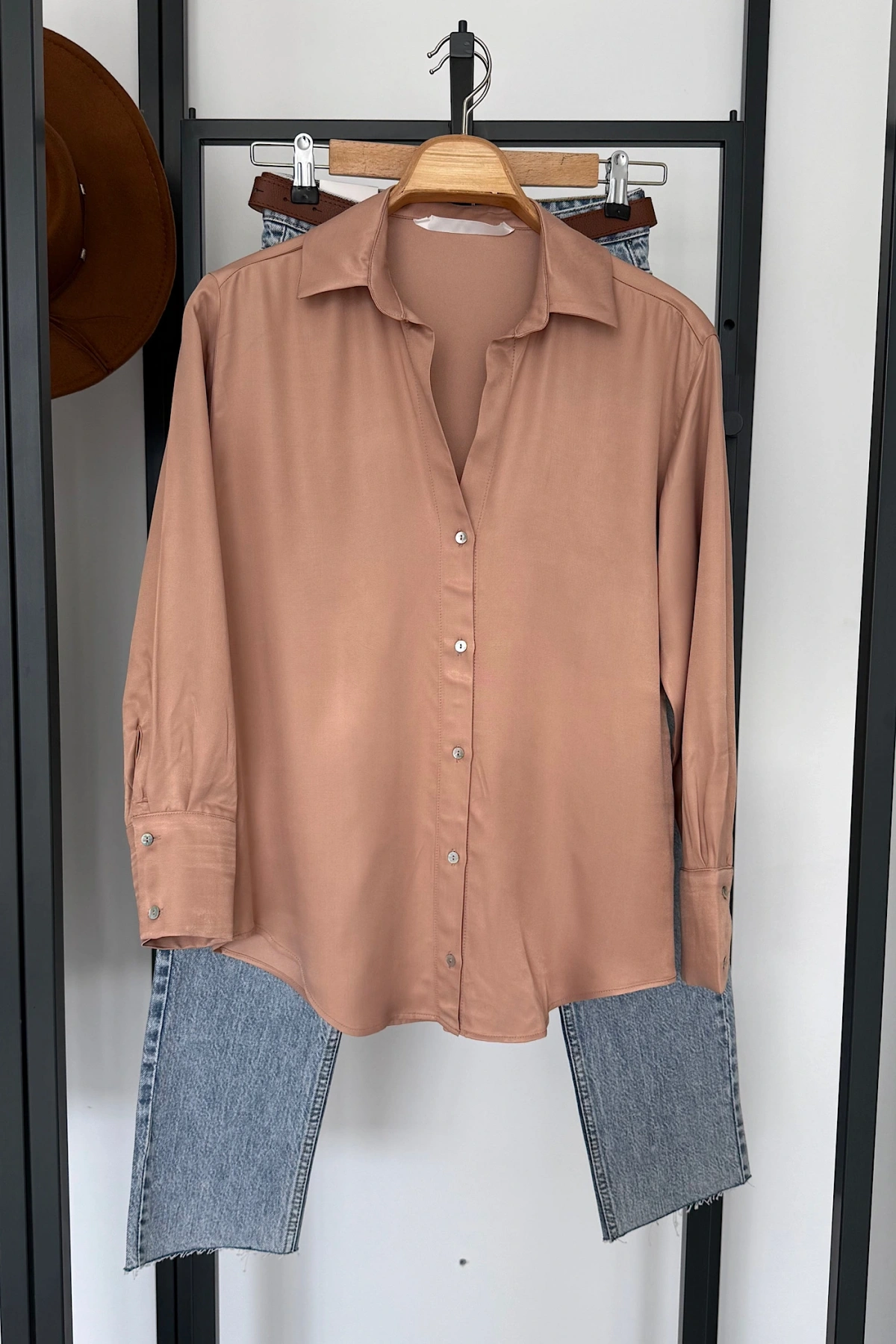 Viskon Saten Gömlek Somon