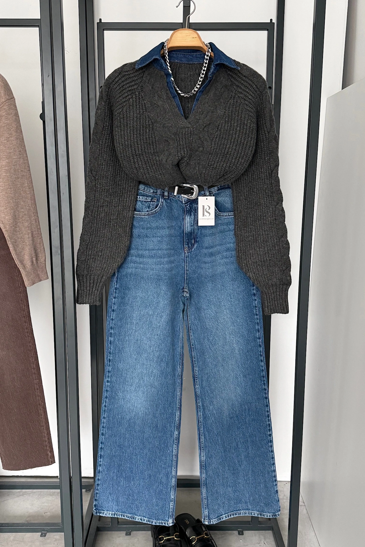 Yakası Kot Kazak Koyu Antrasit-Mavi