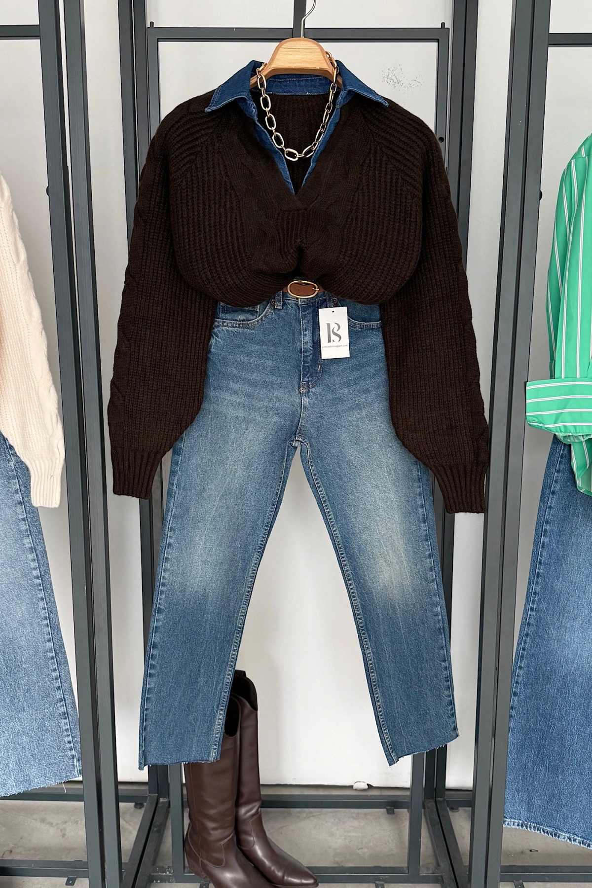 Yakası Kot Kazak Koyu Kahve-Mavi