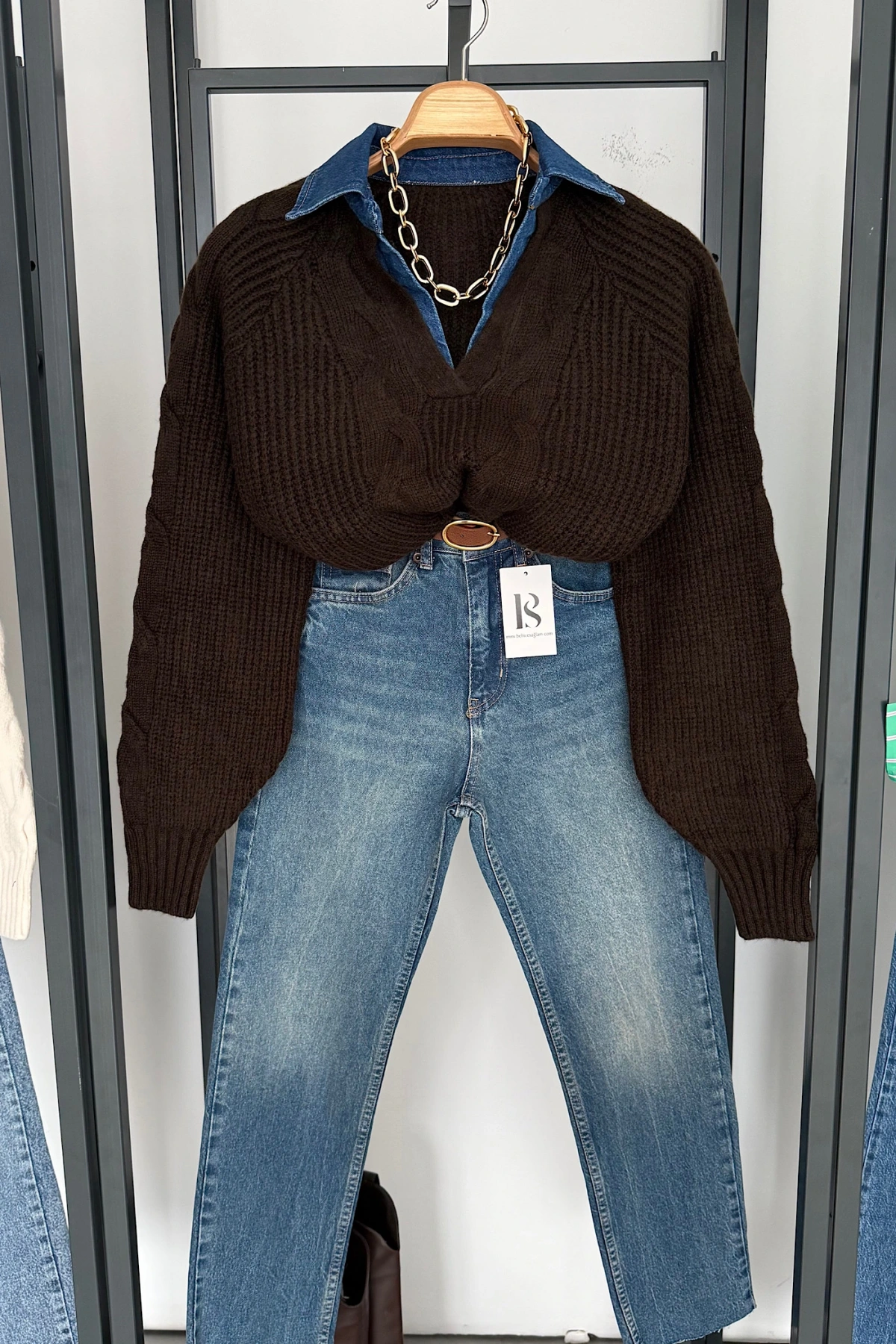 Yakası Kot Kazak Koyu Kahve-Mavi