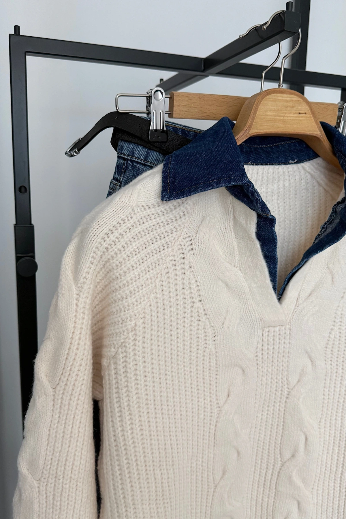 Yakası Kot Kazak Koyu Krem-Mavi