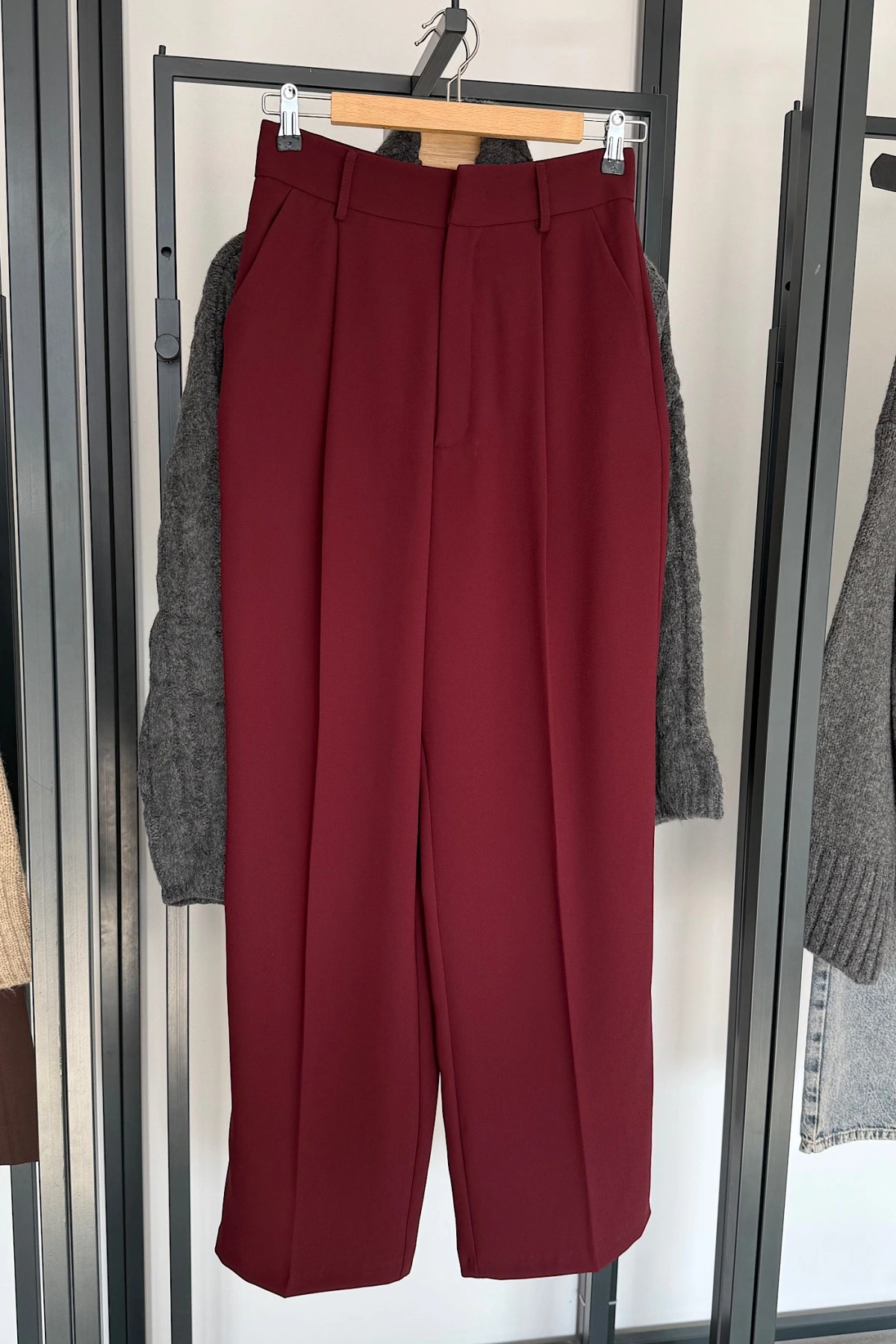 Yüksek Bel Kumaş Pantolon Bordo