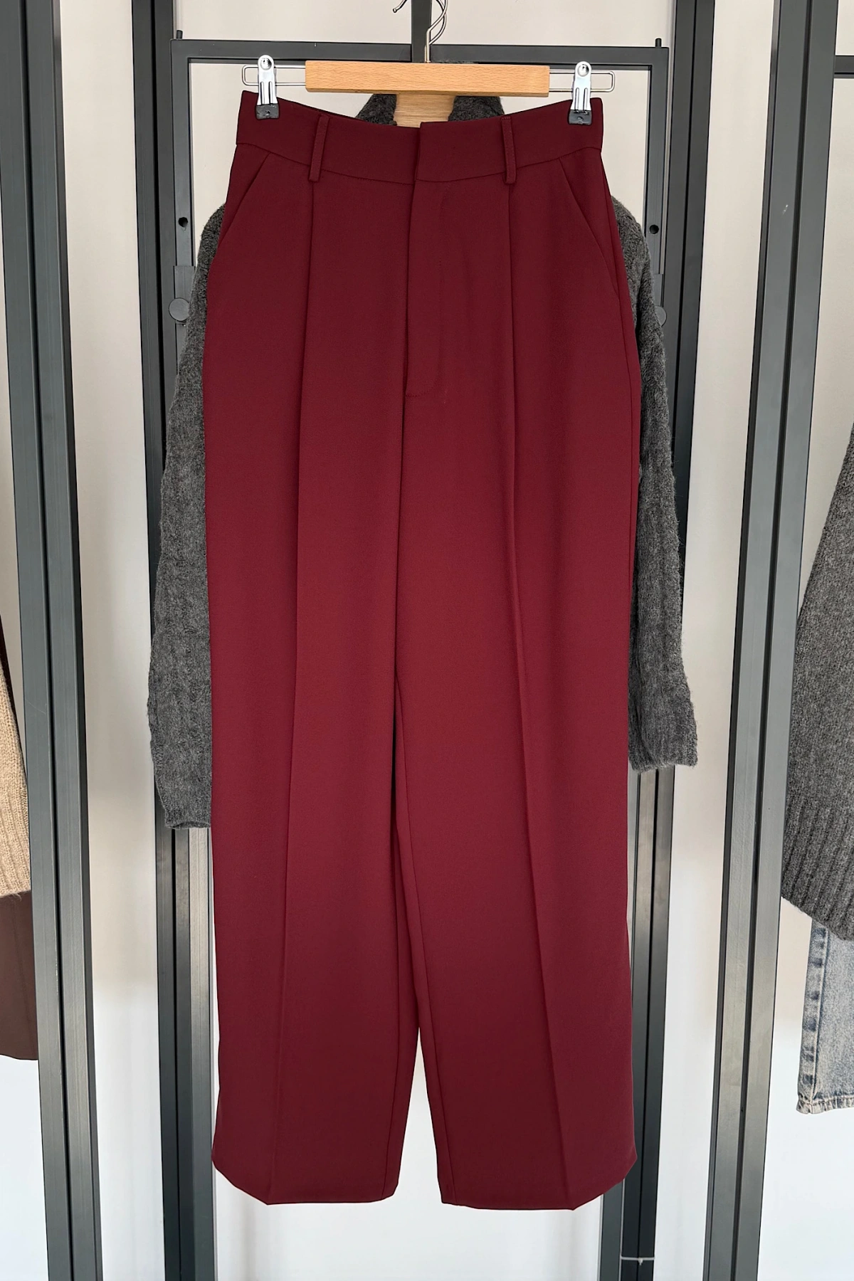 Yüksek Bel Kumaş Pantolon Bordo