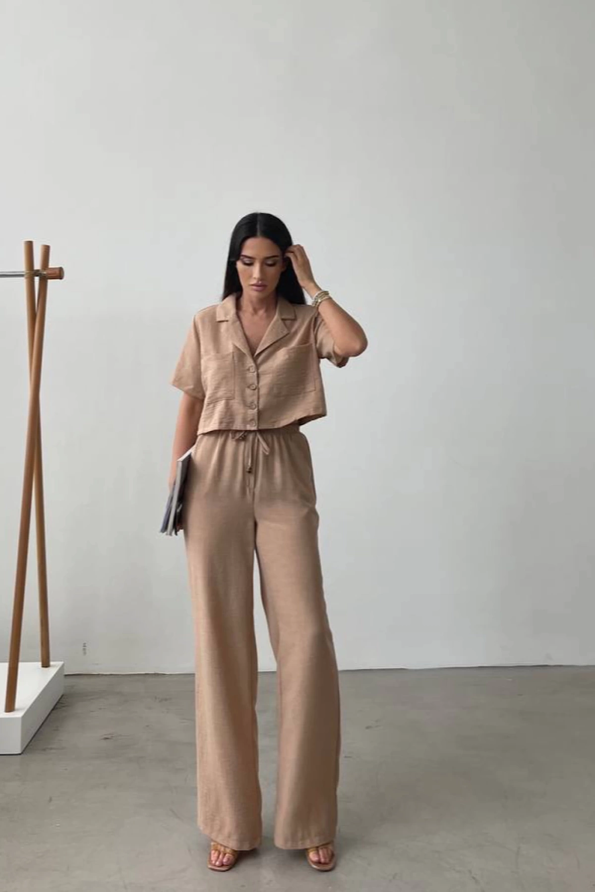 Yüksek Bel Pantolon Crop Takım Camel