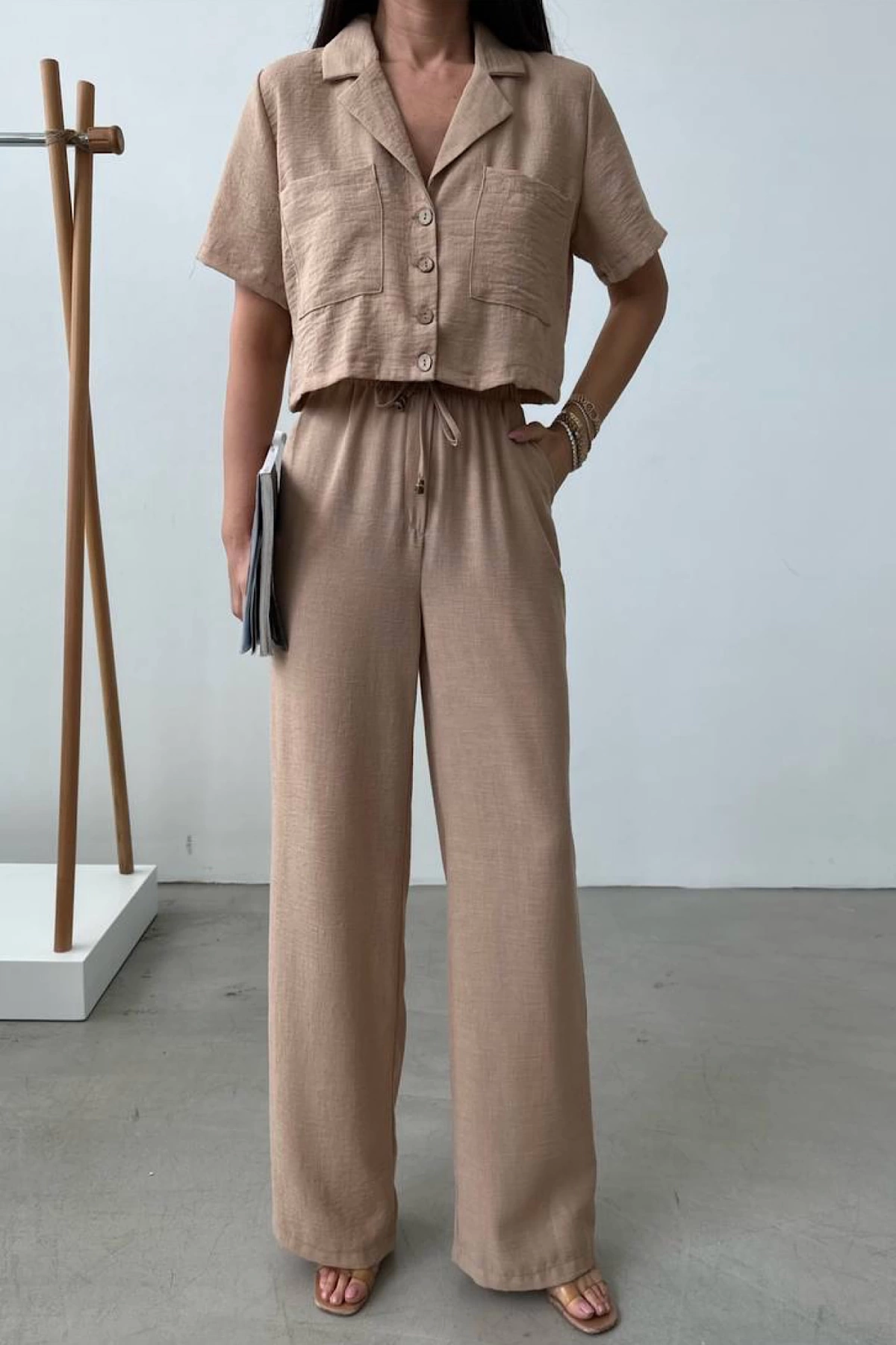 Yüksek Bel Pantolon Crop Takım Camel