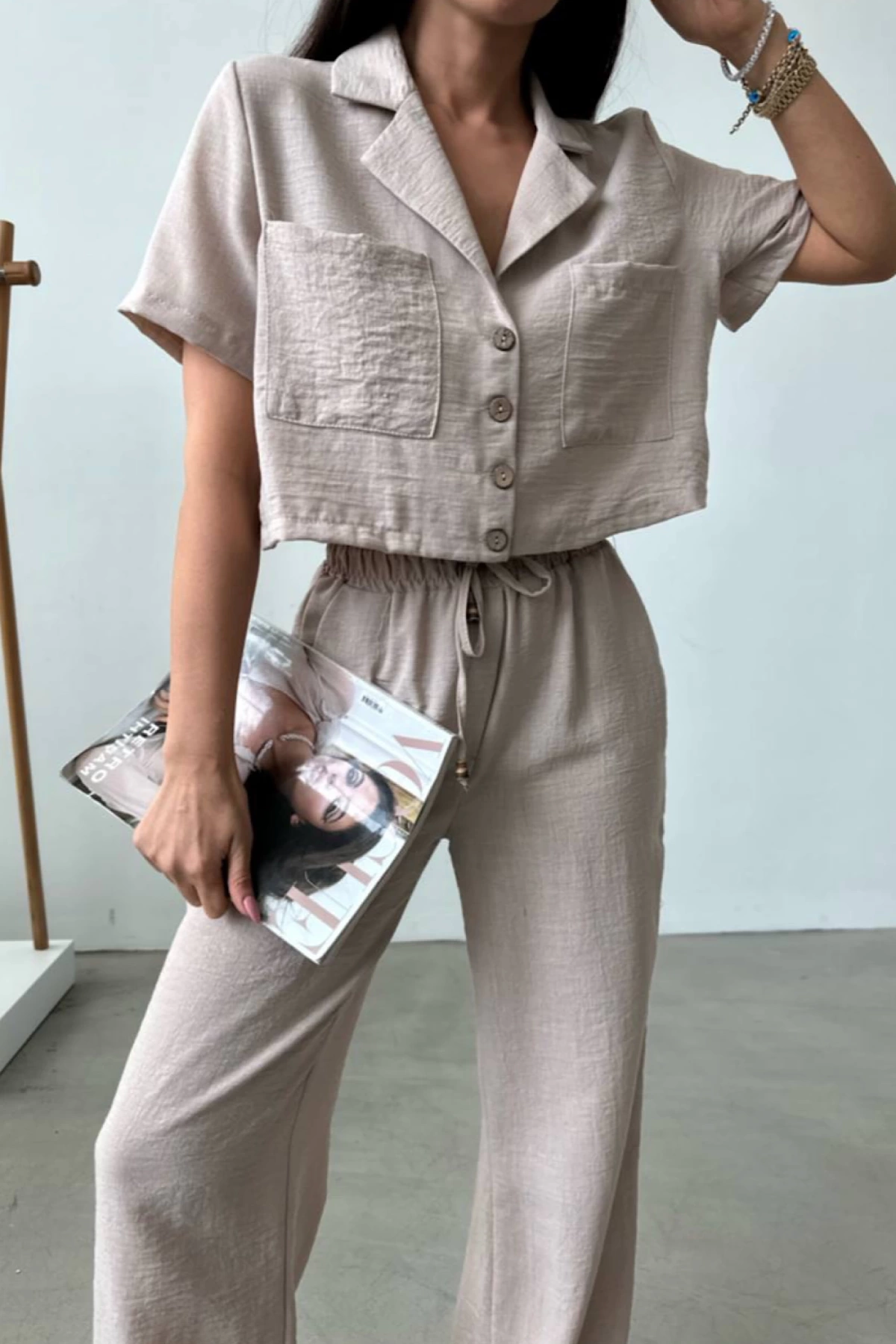 Yüksek Bel Pantolon Crop Takım Vizon