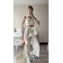 Gömlekli Krem Gofre Geniş Paça Takım