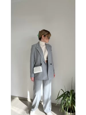 Premium Çizgili Blazer&Palazzo Kumaş Takım