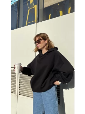 Siyah Oversize Baskılı Sweatshirt Kapüşonlu