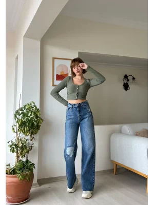 Wide Leg Mavi Tek Dizi Yırtık Jean