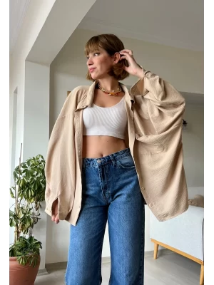 Yarasa Kol Oversize Bej Gömlek