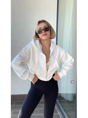Biana Beyaz Polarlı Kapüşonlu Hırka