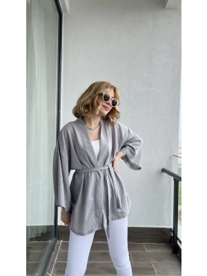 Harmony Keten Gri Kuşaklı Kimono