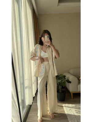Krem Rengi Etnik Desenli Kimono Pantolon Takım