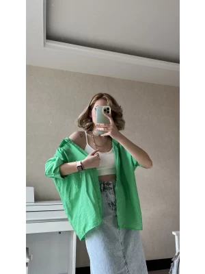 Mill Yeşil Tek Cepli Oversize Gömlek