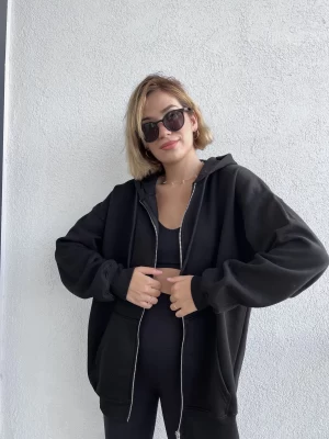 SİYAH Oversize 3 İplik Şardonlu Hırka