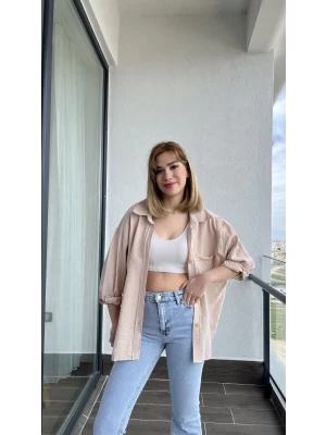 Yazlık Bambu Lifi Dökümlü Gömlek Krem