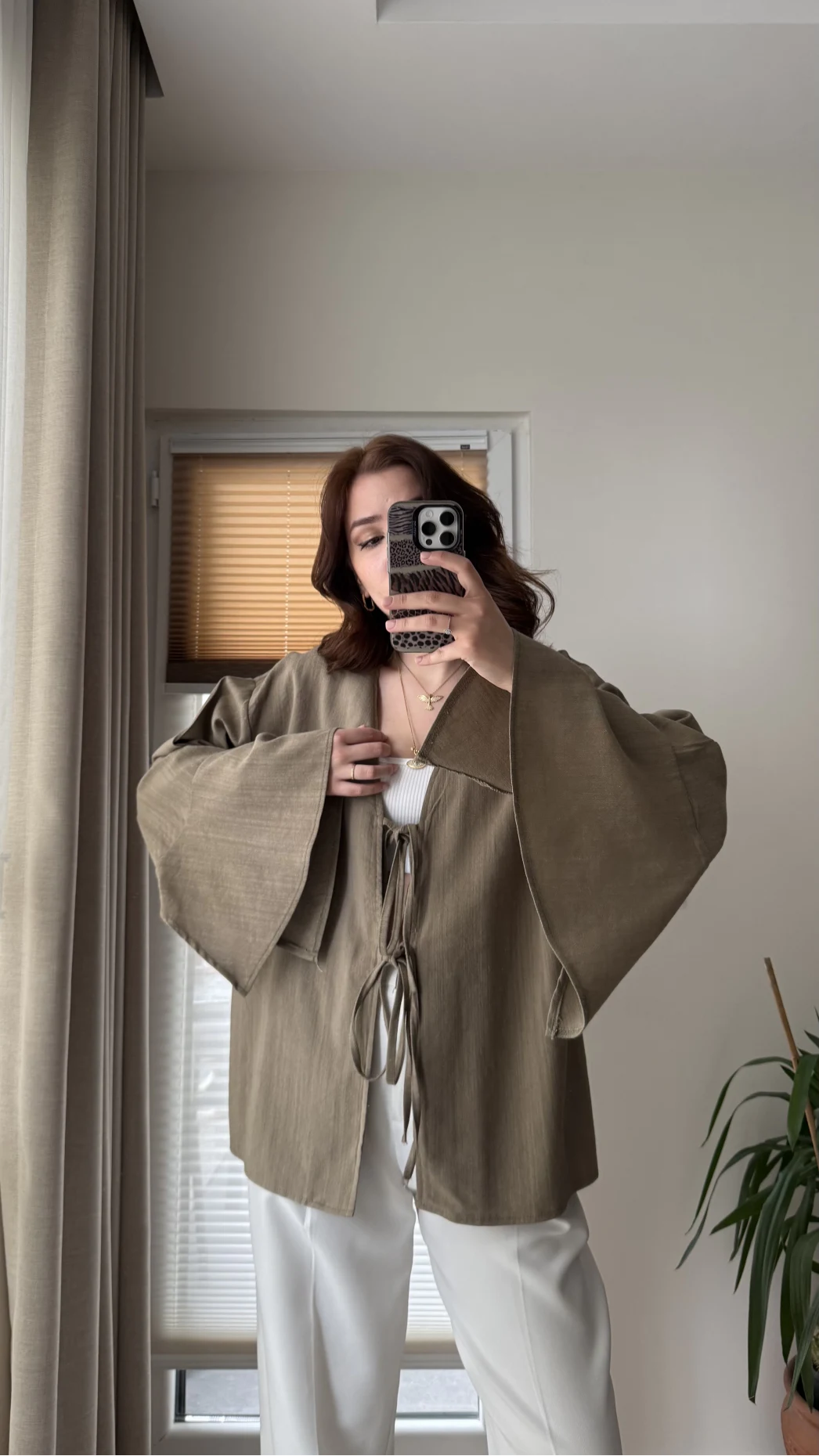 %100 Pamuk Ham Keten Kumaş Kimono Haki