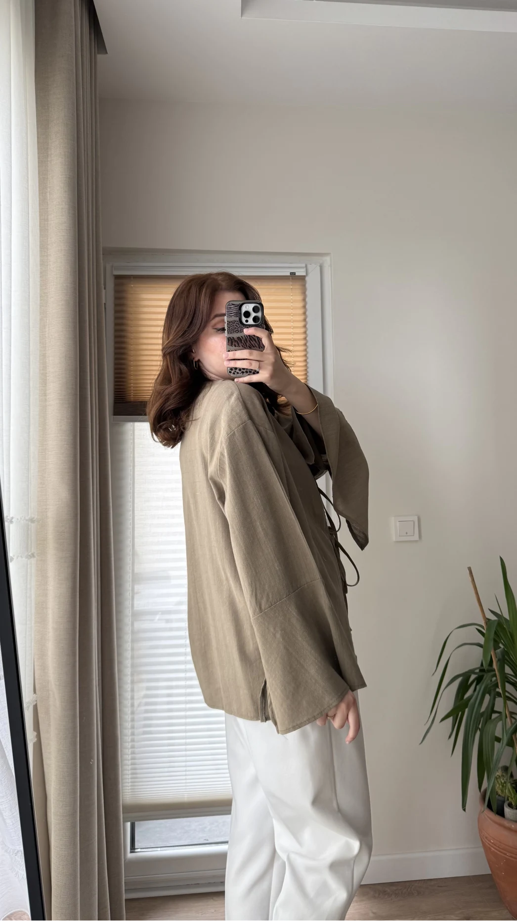 %100 Pamuk Ham Keten Kumaş Kimono Haki