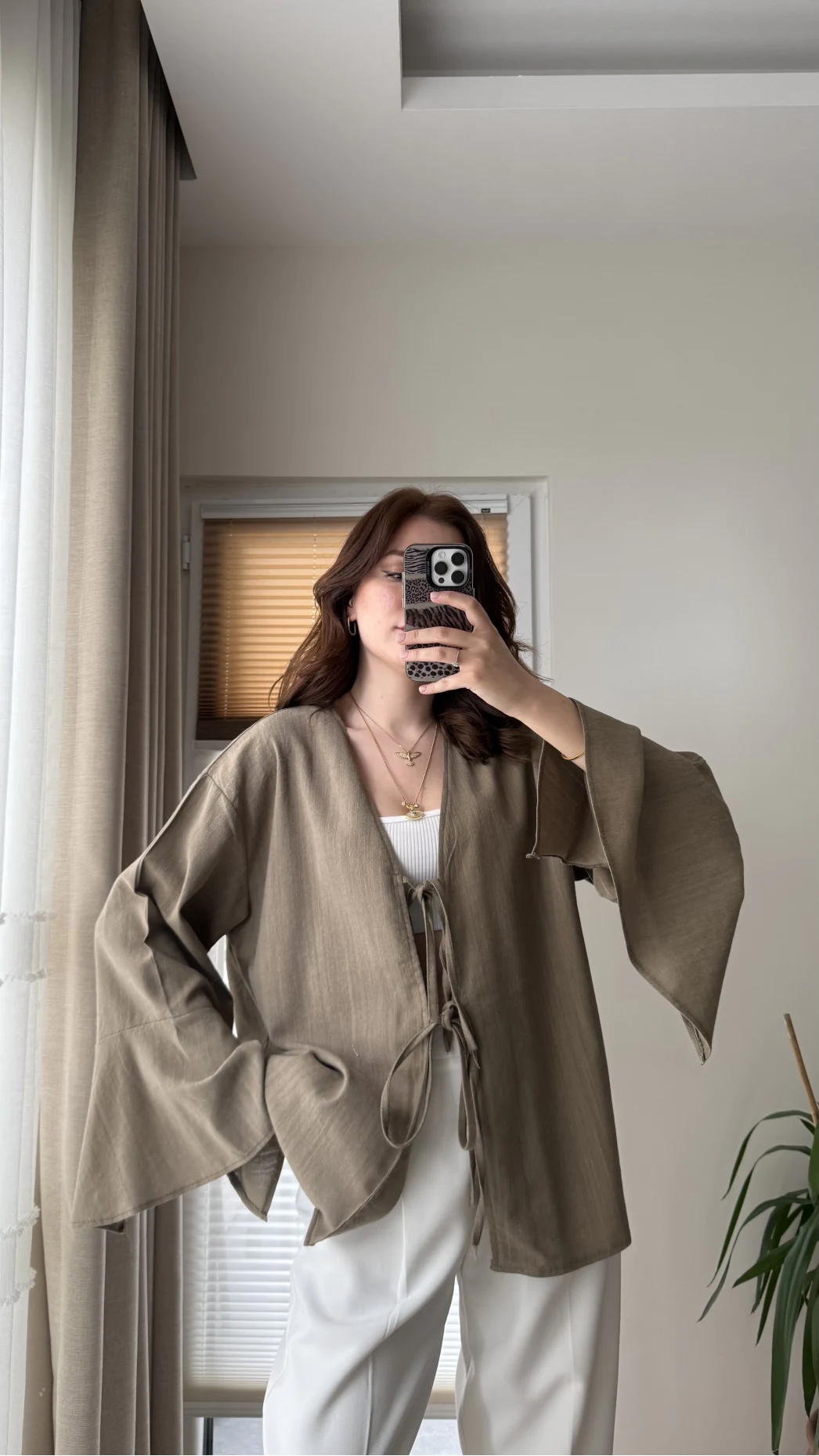 %100 Pamuk Ham Keten Kumaş Kimono Haki