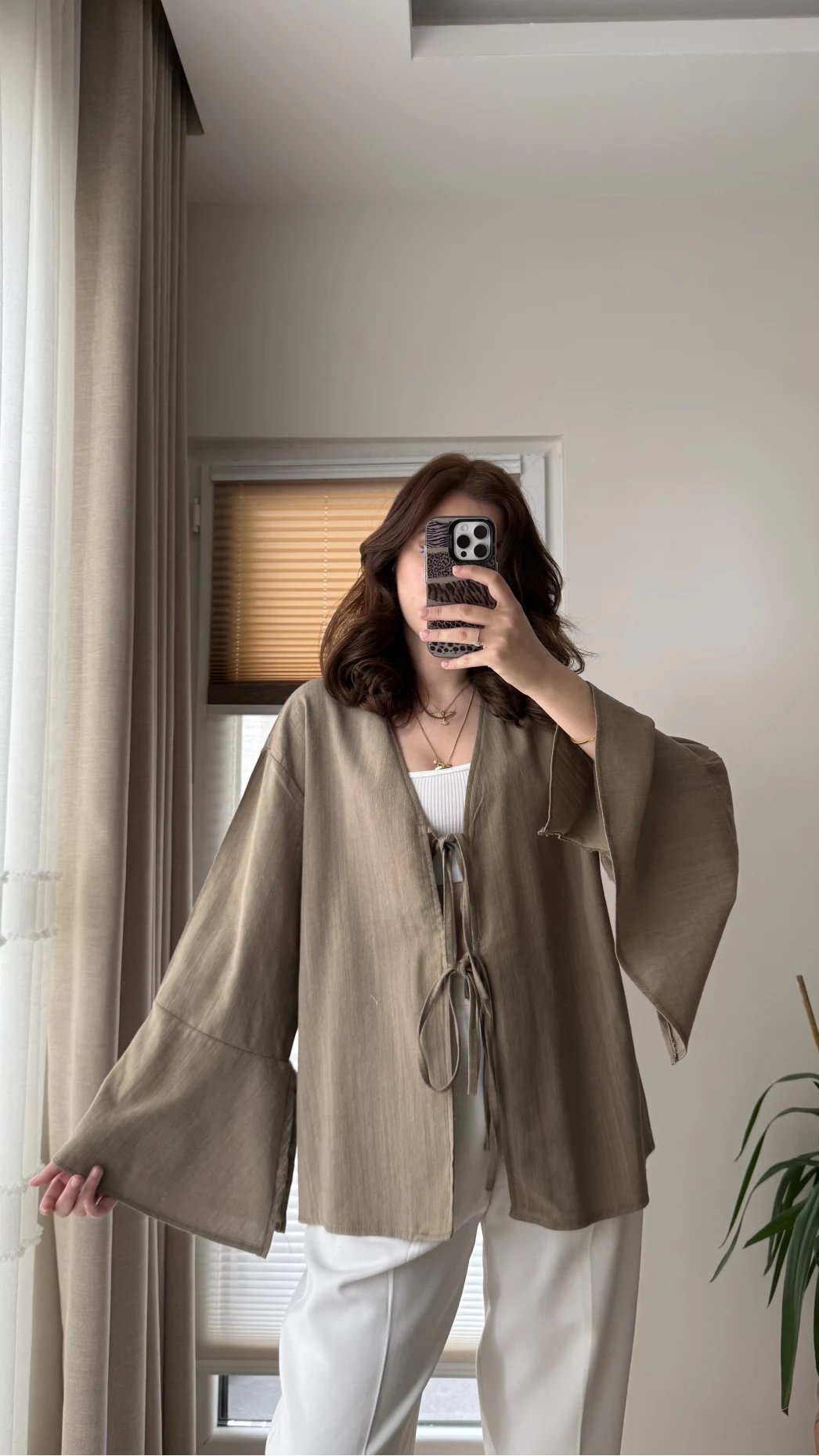%100 Pamuk Ham Keten Kumaş Kimono Haki