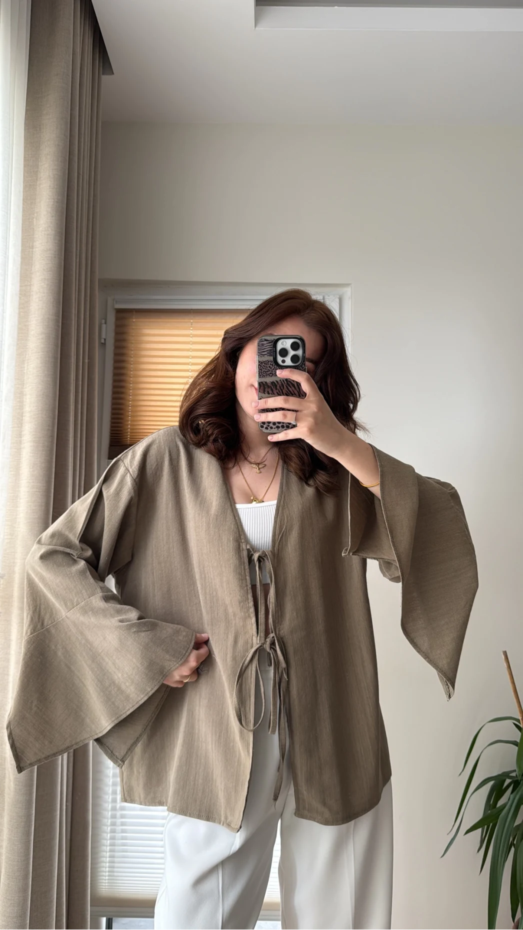 %100 Pamuk Ham Keten Kumaş Kimono Haki
