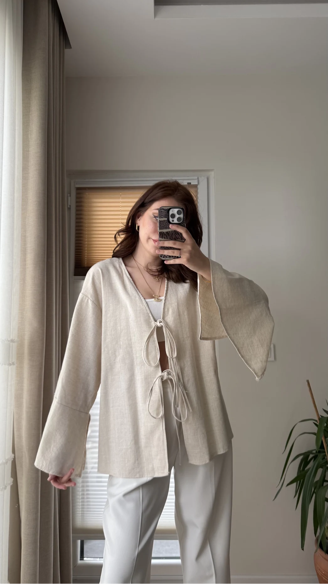 %100 Pamuk Ham Keten Kumaş Kimono Krem