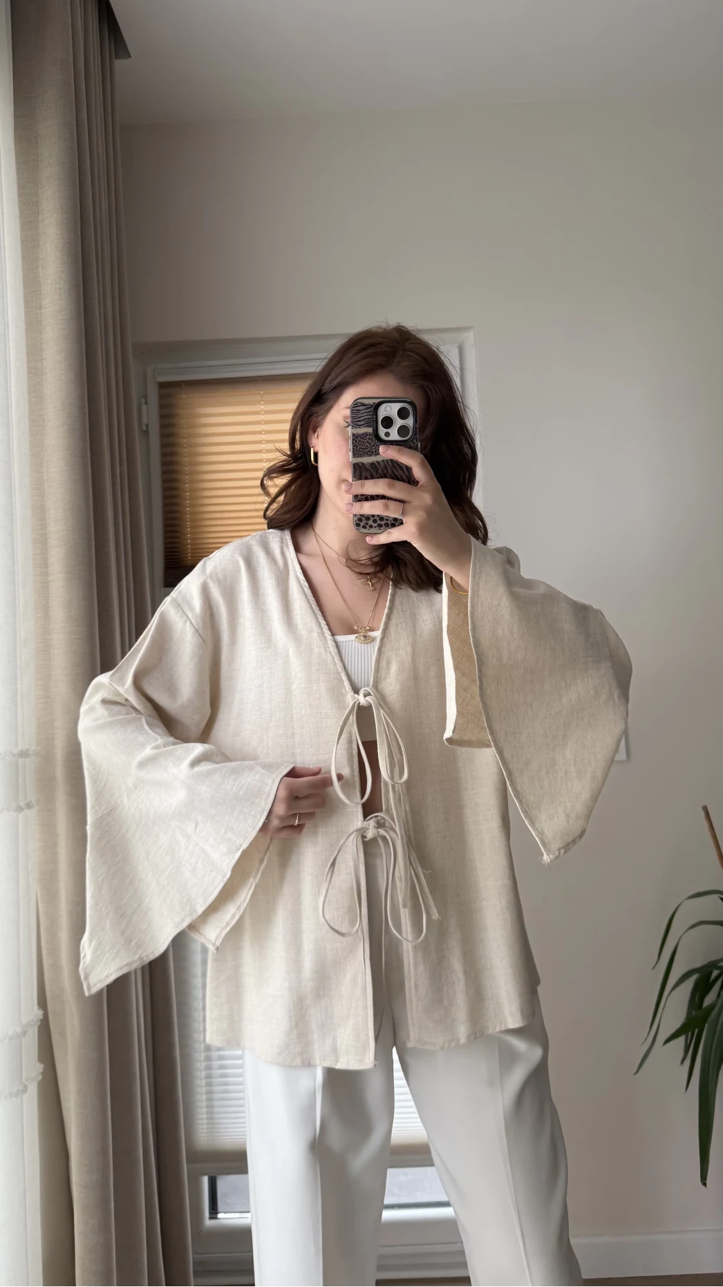 %100 Pamuk Ham Keten Kumaş Kimono Krem