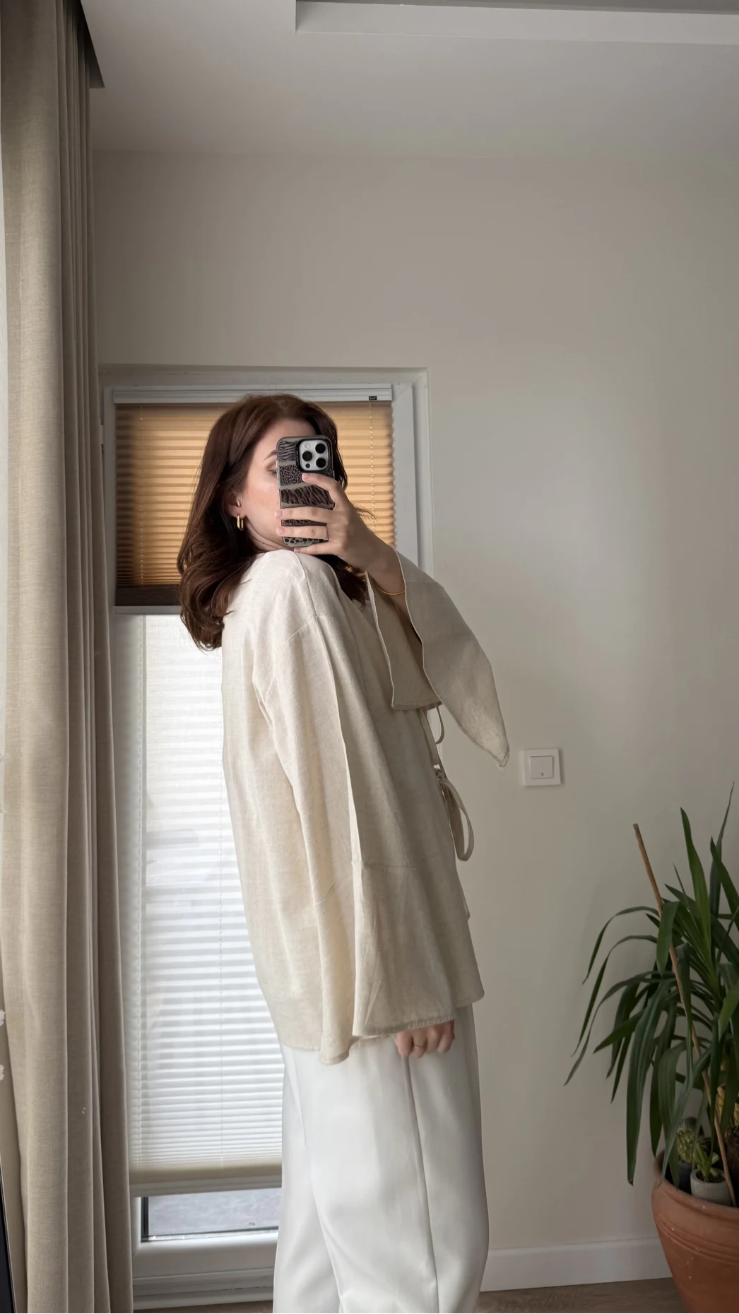 %100 Pamuk Ham Keten Kumaş Kimono Krem